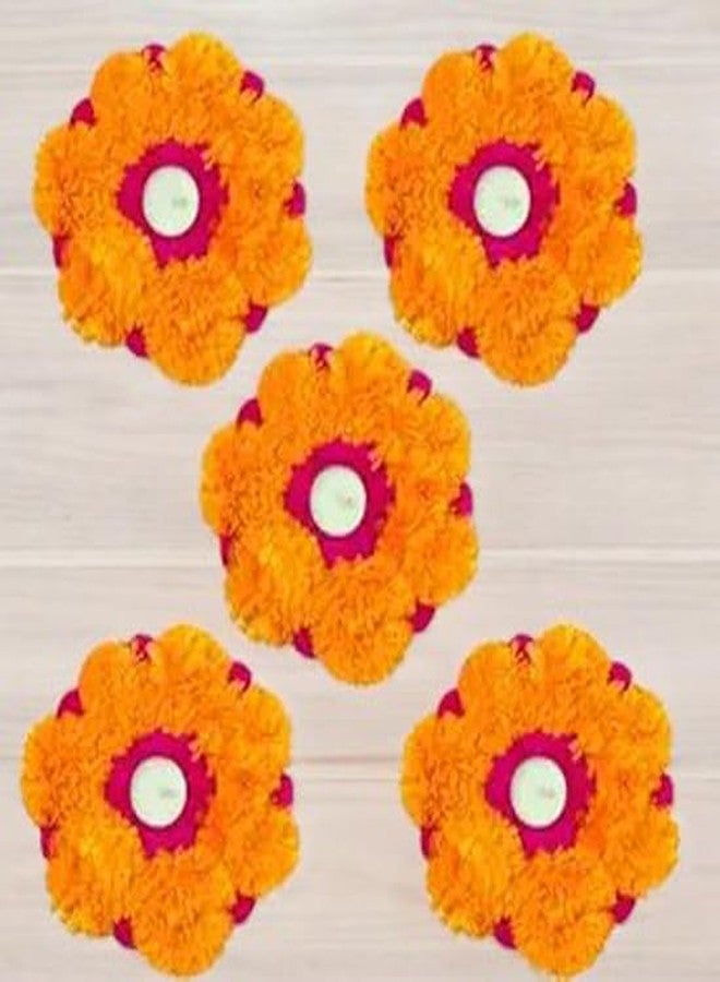 Evisha Artificial Flowers Tealight Holders Rangoli Mats Diwali Decoration with 5 Wax Tea Lights, Perfect for Diwali, Wedding, and Festival Decorations - Elegance to Your Home Décor- 5 Pcs - Image 2